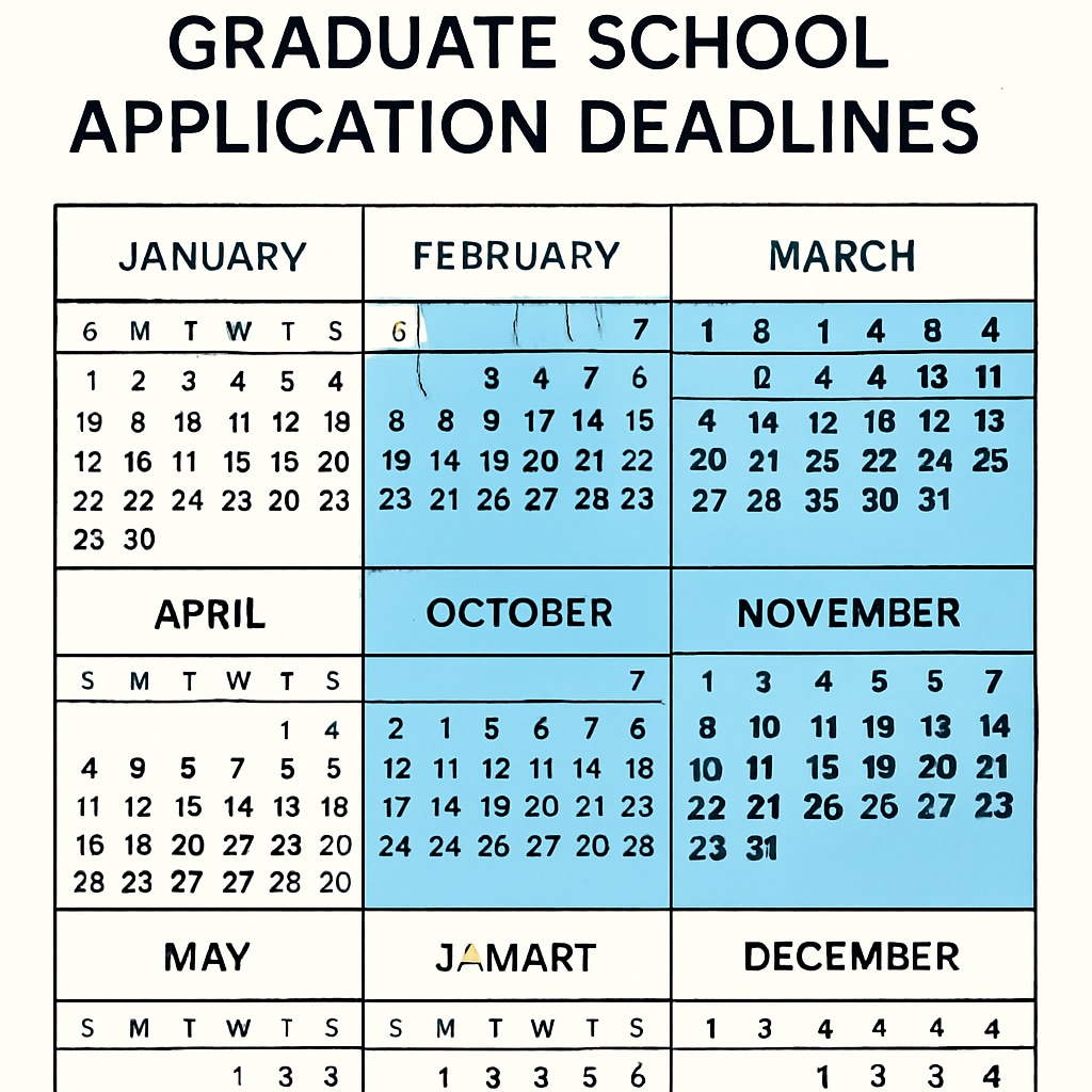 A calendar with highlighted months indicating graduate school application deadlines. Calendar with U.S. master's application deadlines.