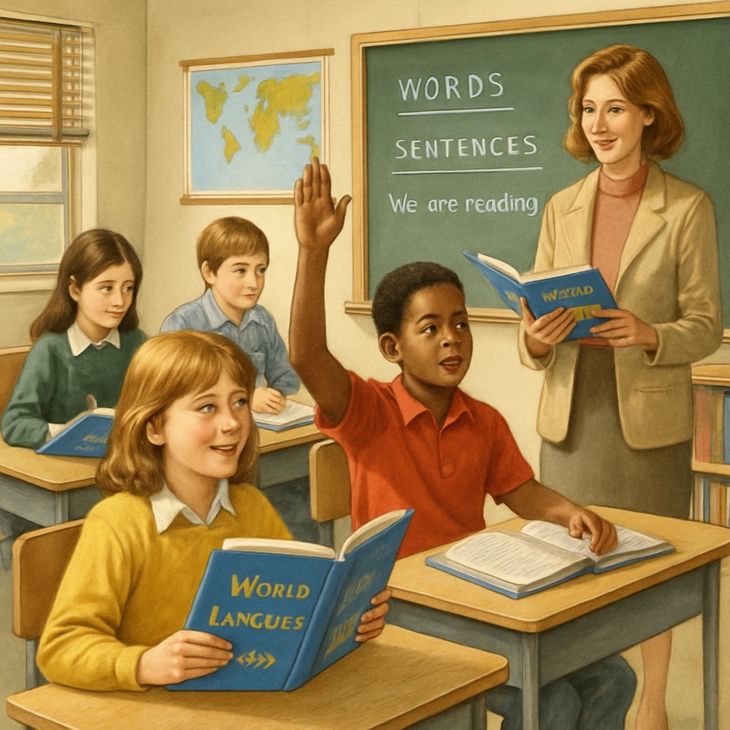 A classroom setting from the 1980s, with students using the Students using the