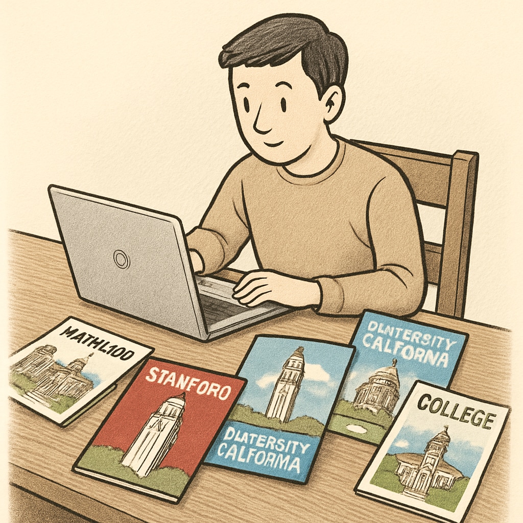 A student sitting at a desk with a laptop and U.S. university brochures. Student preparing for U.S. master's applications.