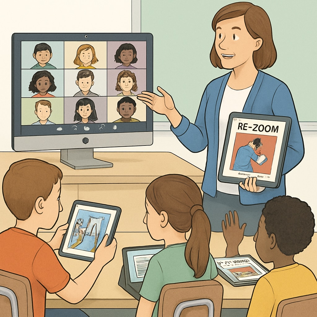 A teacher using Zoom and ReZoom digital copies during a group activity to ensure all students stay engaged. Teacher guiding students with Zoom and ReZoom digital resources for collaboration.
