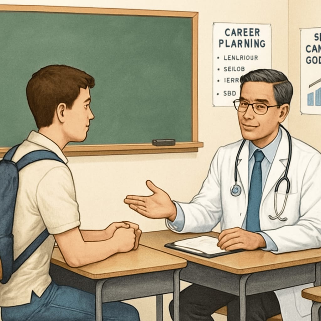 A student discussing career goals with a doctor in a classroom setting. The image reflects one-on-one career counseling in a school environment. Student and doctor discussing medical career planning during a career counseling session