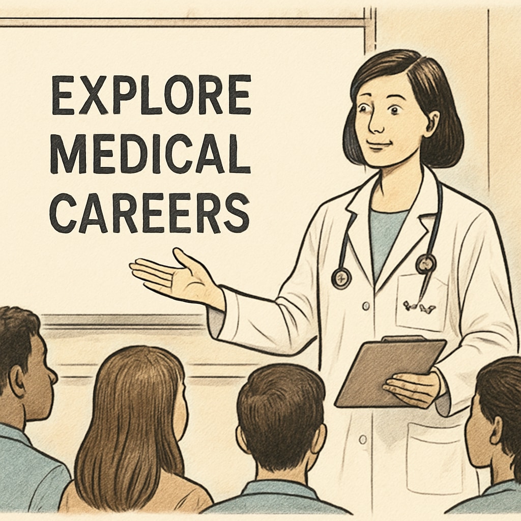 A healthcare professional speaking to a group of students in a classroom setting, emphasizing the importance of medical career exploration. A doctor explaining medical careers to students during a school project discussion.