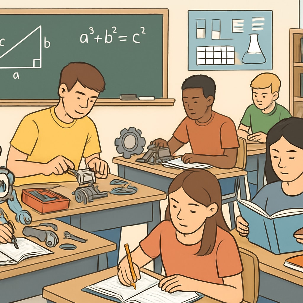 A classroom combining hands-on technical training with traditional academic lessons, symbolizing the integration of CTE and academics. Students engaging in a blended CTE and traditional academic classroom.