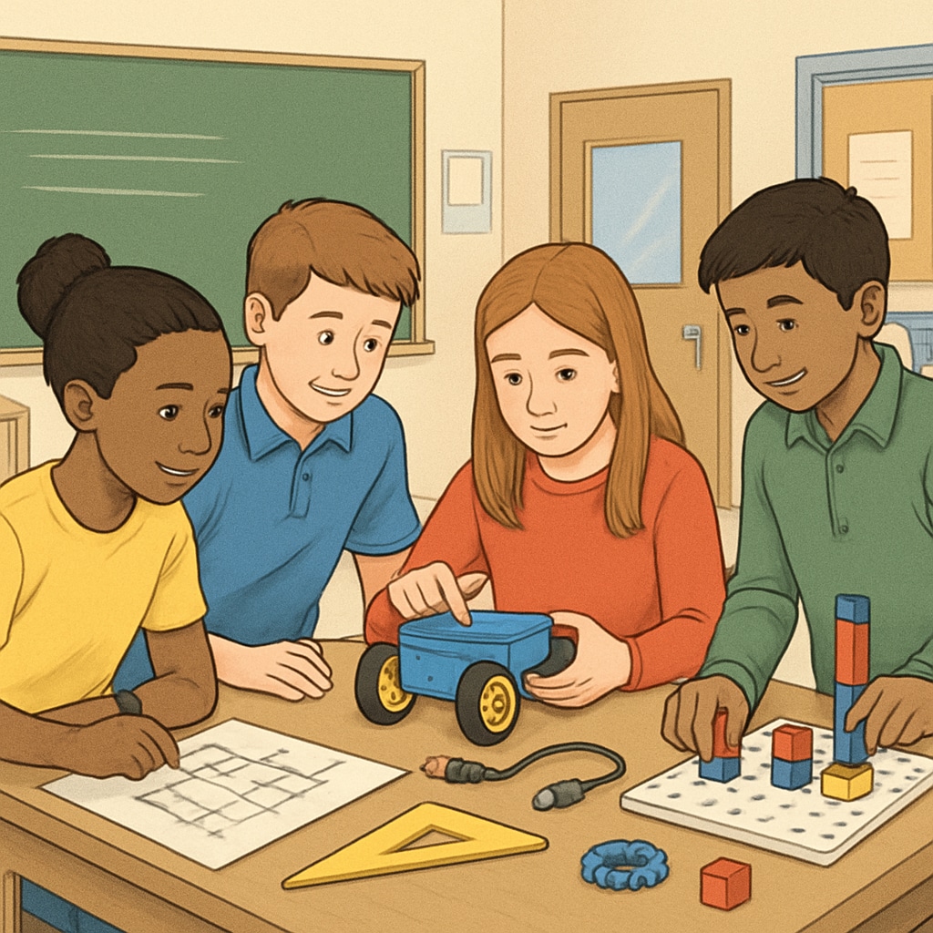 A classroom of students working collaboratively on a STEM-based project, engaging in hands-on design thinking activities. Students working on a STEM project to develop design engineering skills.