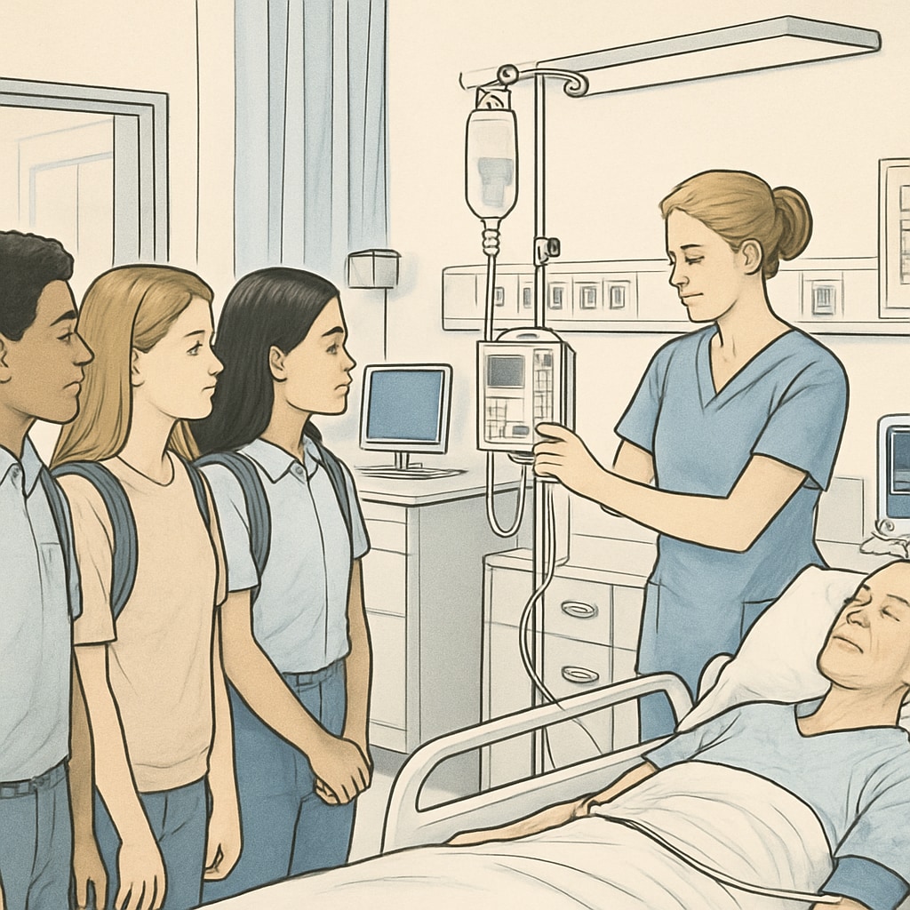 A group of students visiting a hospital and observing a healthcare professional at work. The image highlights the importance of real-world exposure. Students observing a healthcare professional during a hospital visit for medical career exploration