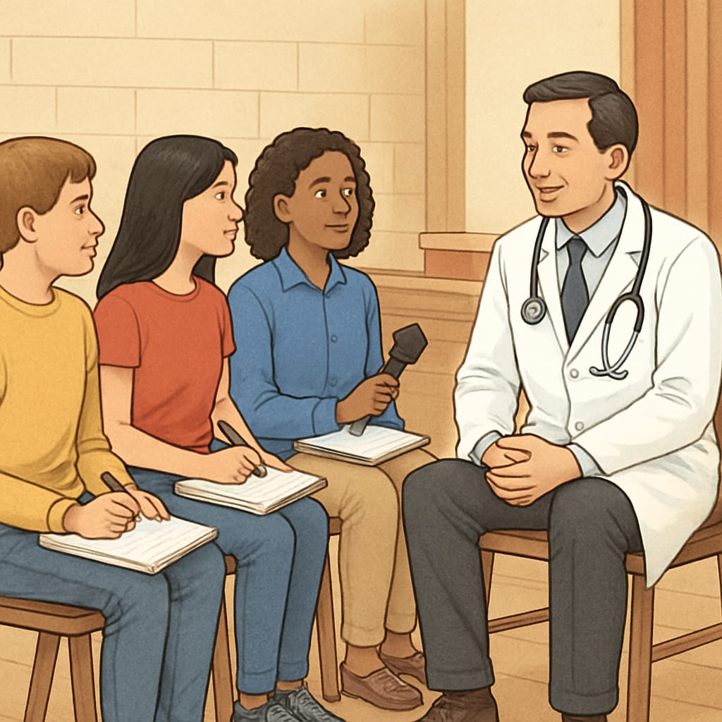 Students conducting an interview with a doctor in a school auditorium, showcasing structured career discussions. Students interviewing a doctor as part of a school project about medical professions.