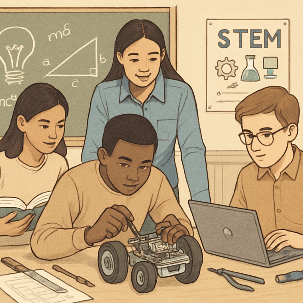 Students working collaboratively on a STEM project that integrates technical skills and academic concepts. Students participating in a STEM project that blends CTE and academics.