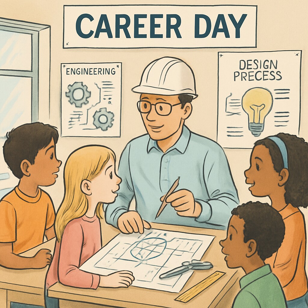 A career day event with students interacting with an engineer, learning about design engineering careers. Students exploring design engineering careers at a career day event.