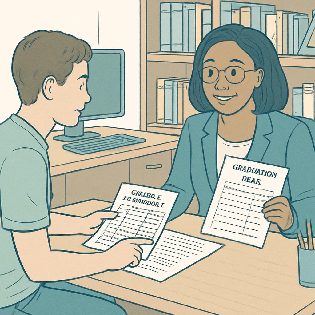 A student sitting with a school counselor to review their academic transcript and graduation plan. High school credit recovery discussion with a counselor.