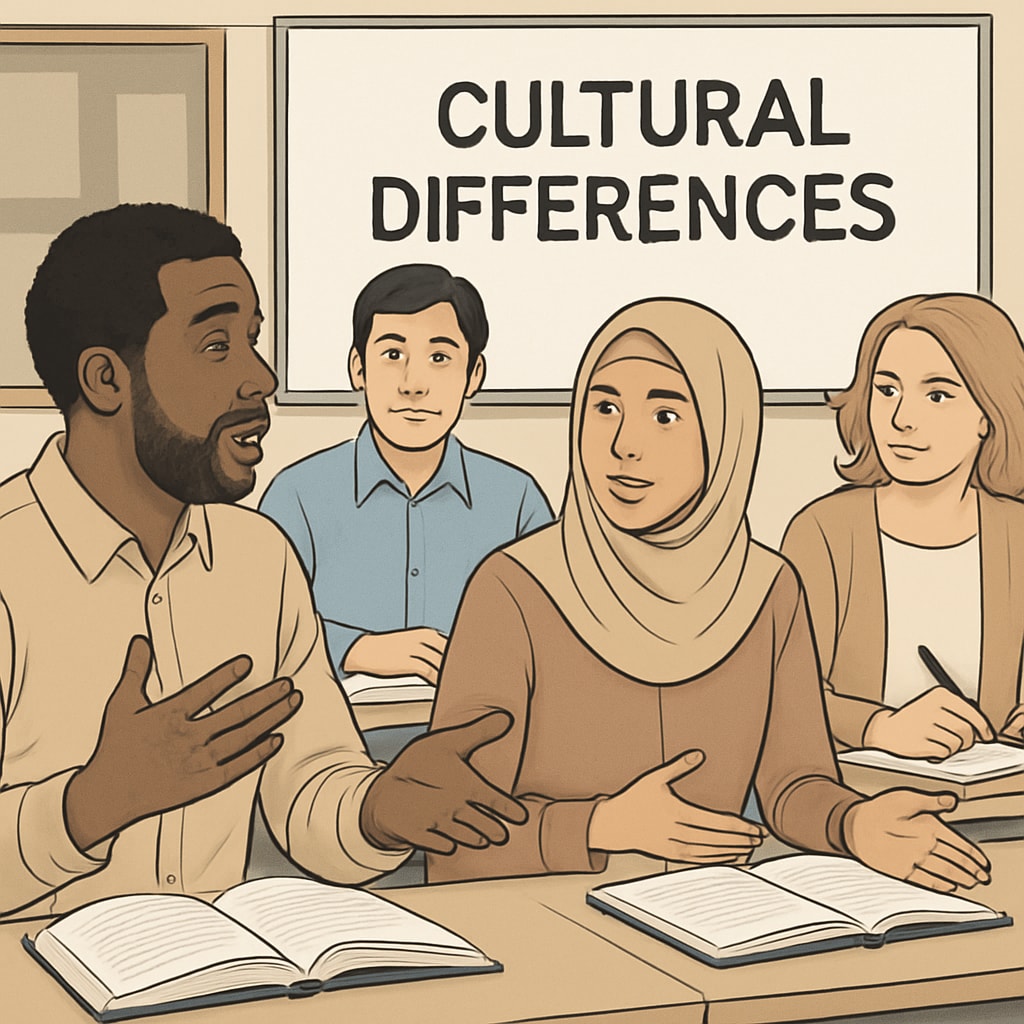 A diverse group of adult learners in a classroom, engaging in discussion about cultural differences. Adult learners discussing cultural adaptation in a classroom setting.