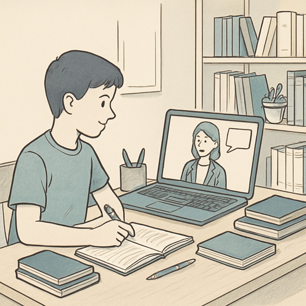 A student studying at home with a laptop, surrounded by organized study materials for online courses. Online learning setup for high school credit recovery.