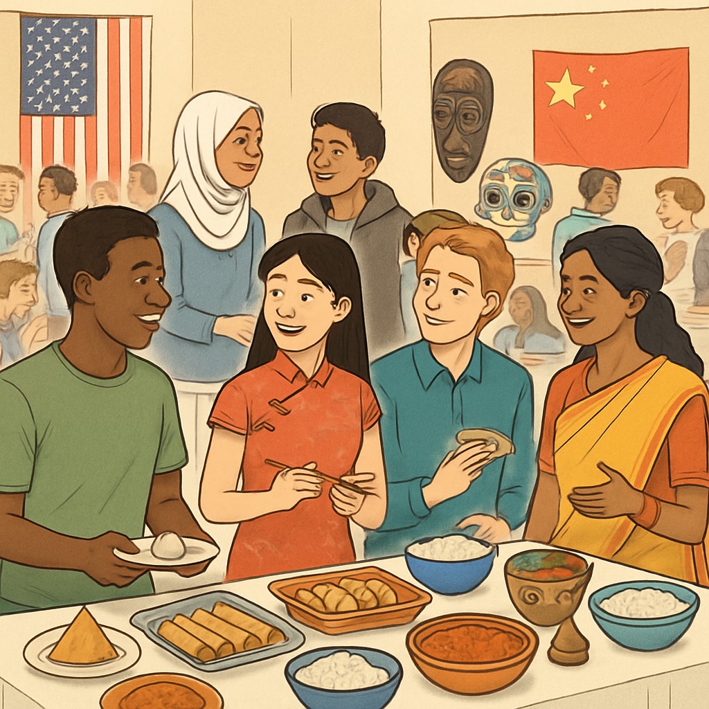 A multicultural event with international students sharing food, stories, and traditions. International students participating in a multicultural event.