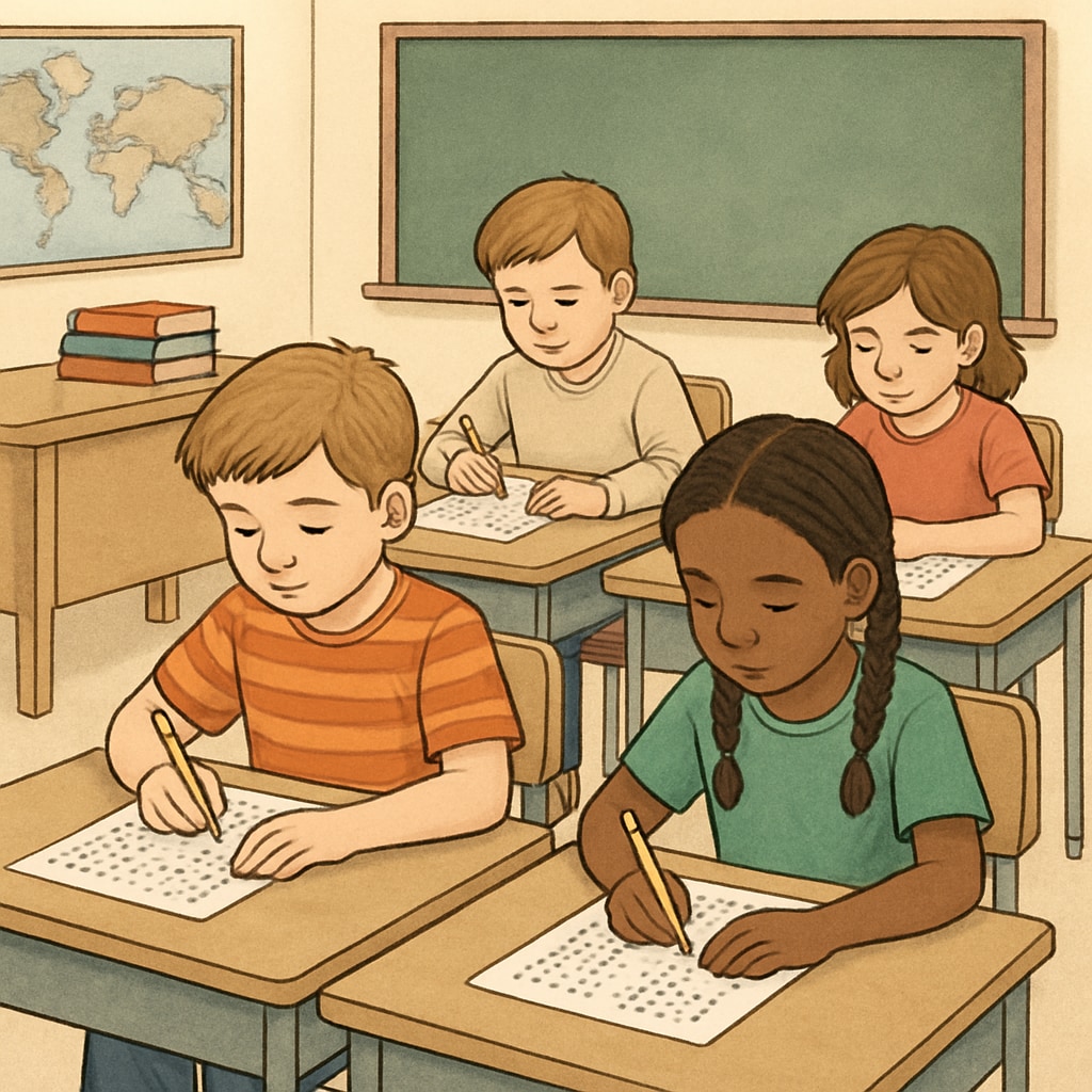 A classroom setting where children are engaged in a standardized test, illustrating the process of evaluating cognitive abilities. Children taking a standardized test for gifted assessment.
