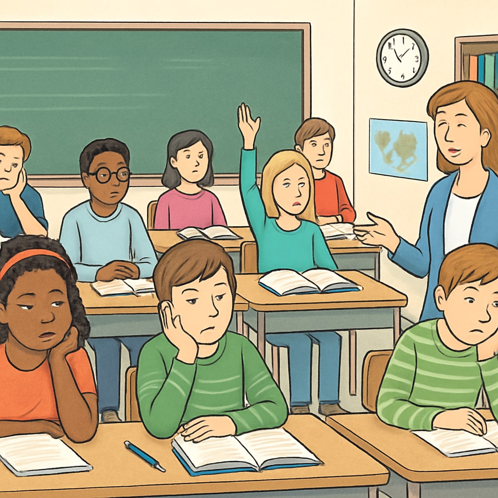 A diverse group of students sitting in a classroom, some appearing disengaged or bored, while others are looking at the teacher. Students in a classroom showing signs of boredom, relevant to student boredom in education research.