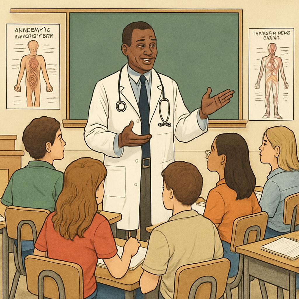 A group of high school students in a classroom interviewing a doctor about their medical career experiences. High school students interviewing a doctor as part of a career planning project.