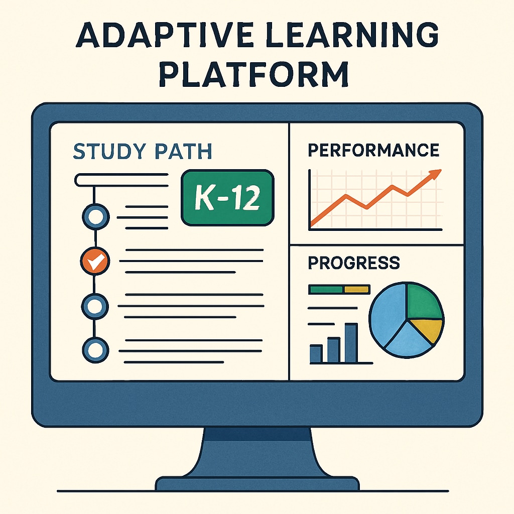 An adaptive learning platform showcasing personalized study paths for K12 students. The image depicts a digital dashboard with student performance metrics. AI-powered personalized learning platform for K12 education trends.