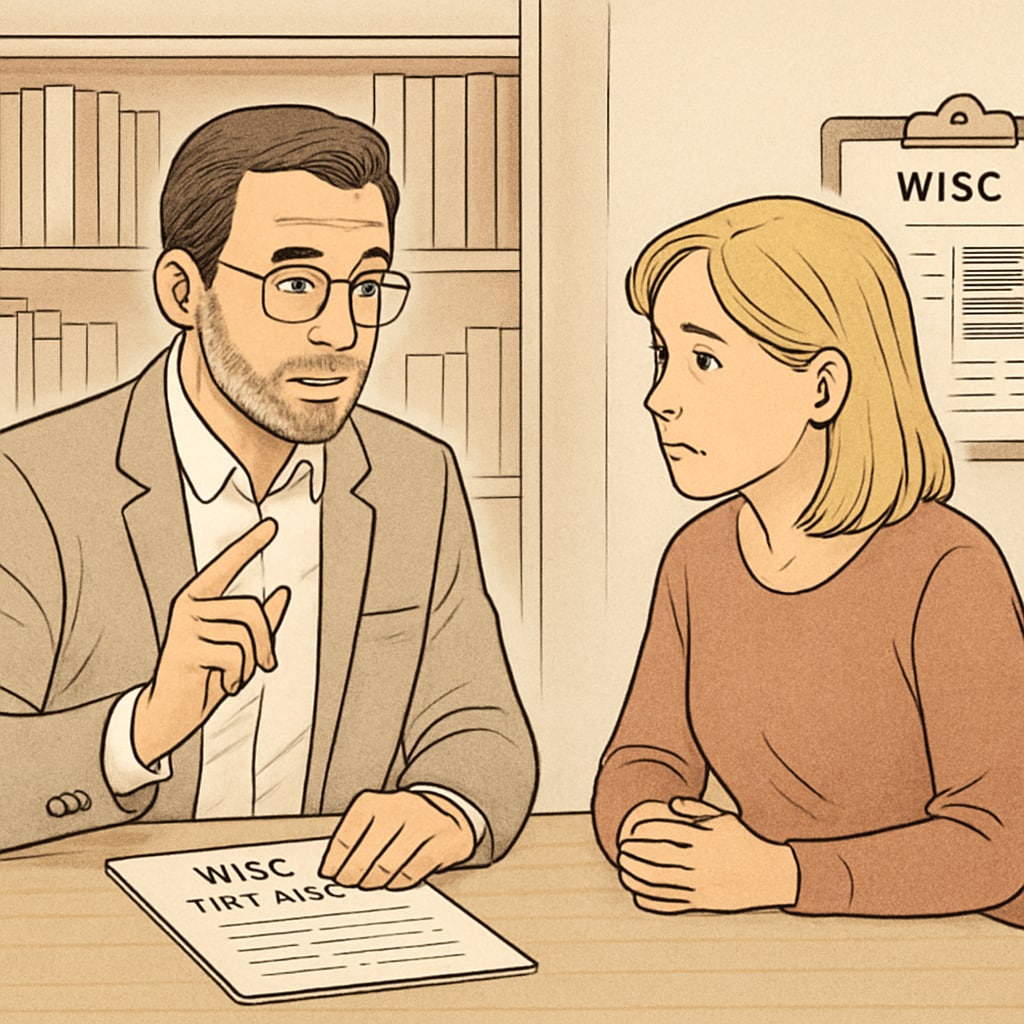 A psychologist discussing WISC test results with a parent, highlighting the importance of interpreting assessment data. Psychologist explaining WISC results to support gifted children.
