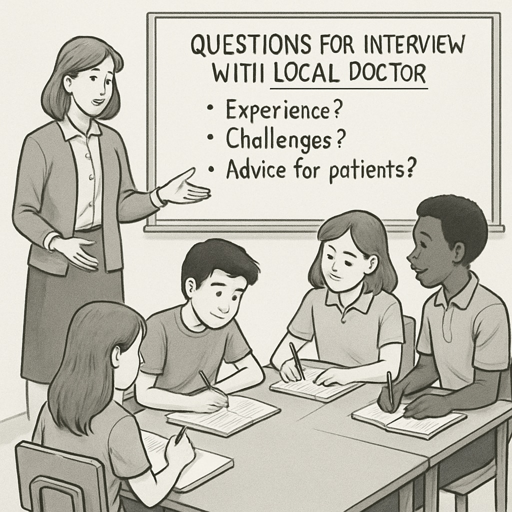 A teacher guiding students as they prepare questions for an interview with a local doctor. Teacher helping students draft questions for a doctor interview as part of career exploration.