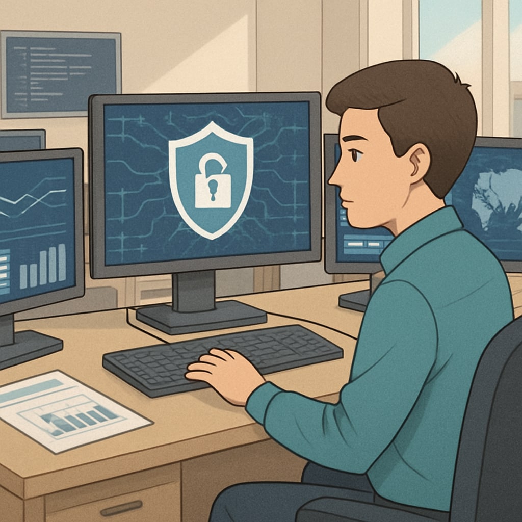 A cybersecurity professional working on data analysis, showcasing the importance of practical skills in the field.