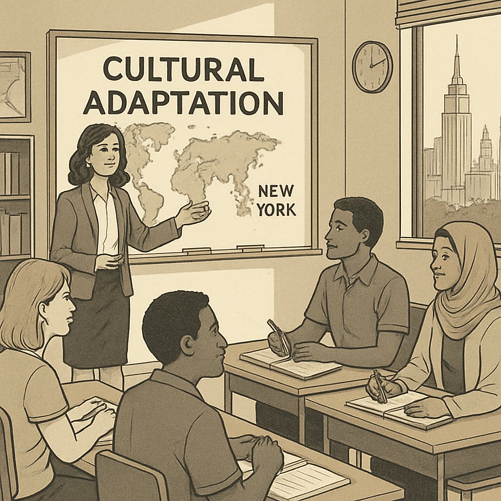 A group of adult learners attending a cultural adaptation workshop in New York City. Adult learners in a cultural adaptation workshop, discussing Western foundational knowledge.