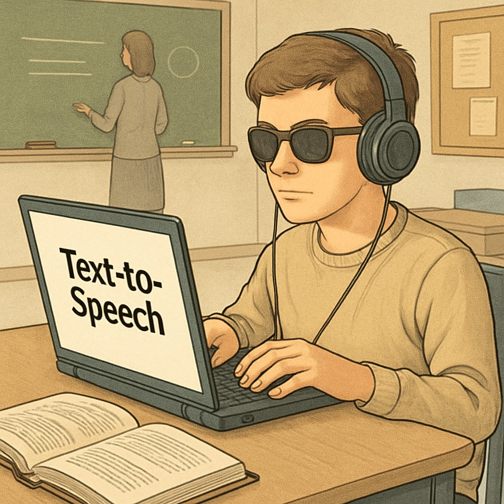 A visually impaired student using AI-powered text-to-speech software during a lesson. AI-powered text-to-speech software enhancing accessibility in K12 education.