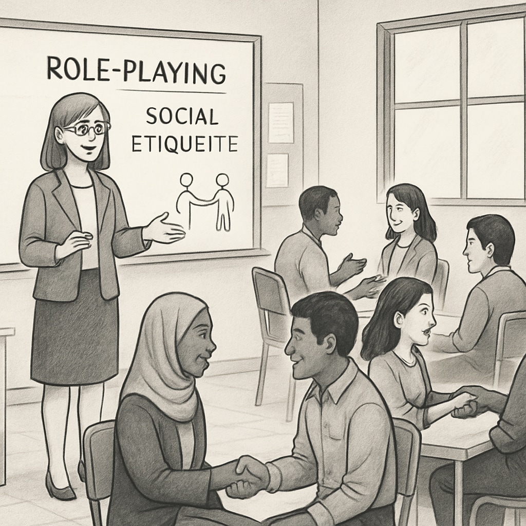 An instructor conducting a role-playing session with immigrant adults to teach social etiquette. Instructor teaching immigrants social etiquette through role-playing.