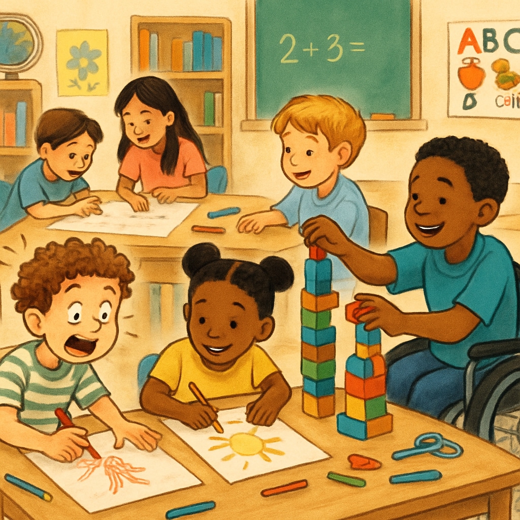 A classroom setting showing diverse students, including a child with ADHD, engaging in creative activities to demonstrate their potential. Classroom with ADHD child demonstrating creativity, relevant to gifted education.