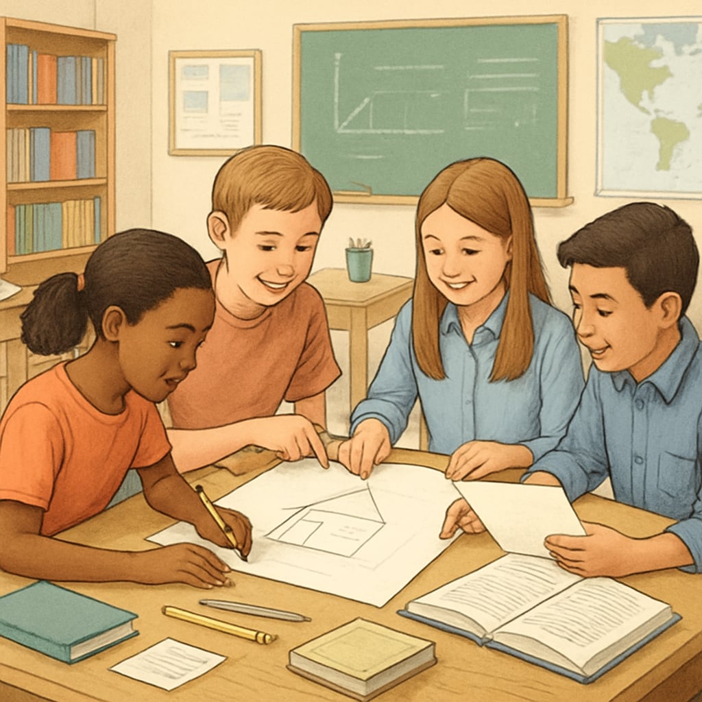 A classroom with students working collaboratively on a project, symbolizing a shift to collaborative and real-world learning assessments. Students working collaboratively, representing modern learning assessments.