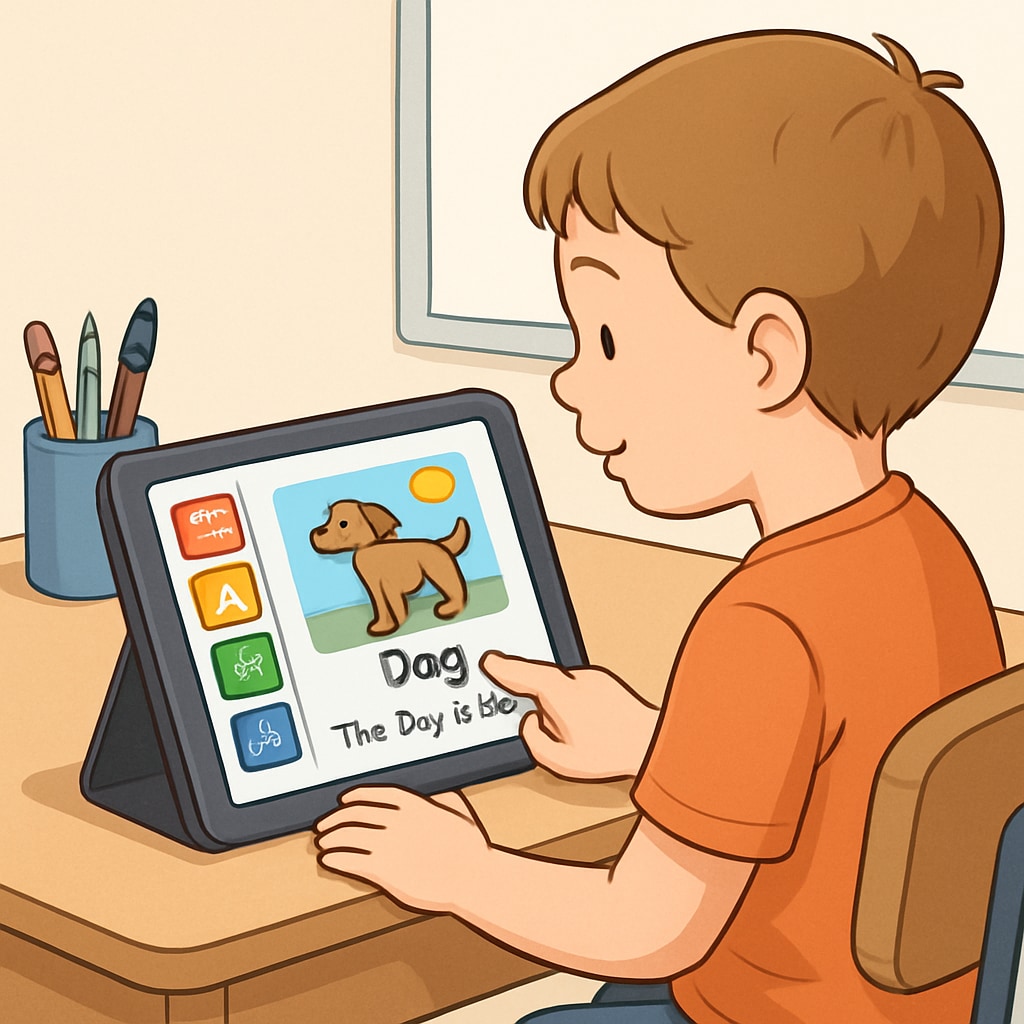 A young child using a tablet, engrossed in a colorful reading app designed for educational purposes. Child using a children's reading app on a tablet