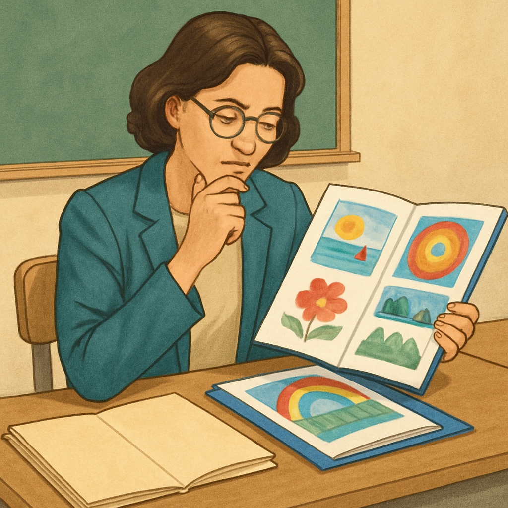 A teacher reviewing a portfolio of a student's creative work, emphasizing a holistic approach to evaluating giftedness. Teacher evaluating a creative student portfolio, relevant to ADHD and gifted class selection.