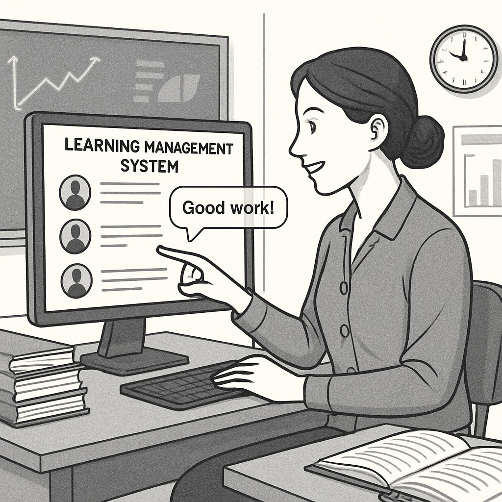 A teacher using a digital learning management system to provide real-time feedback to students, highlighting the integration of technology in modern assessments. Teacher using a digital system for real-time learning feedback.