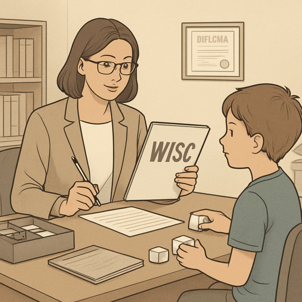A professional psychologist administering a WISC test to a child in a quiet, structured environment. Psychologist conducting a WISC test session with a child