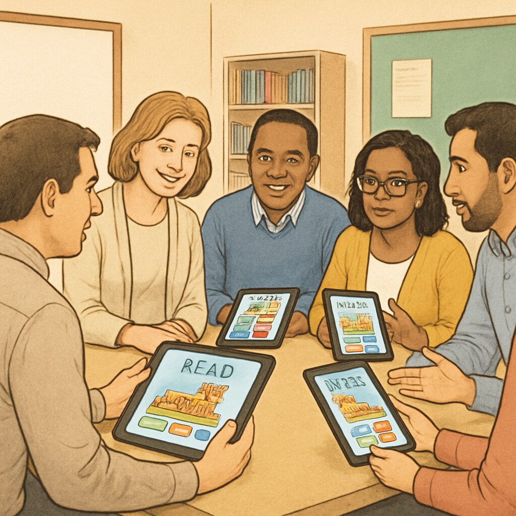 A group of parents and educators sitting together, reviewing and discussing the interface of a children's reading app on tablets. Parents and educators testing the interface of a children's reading app