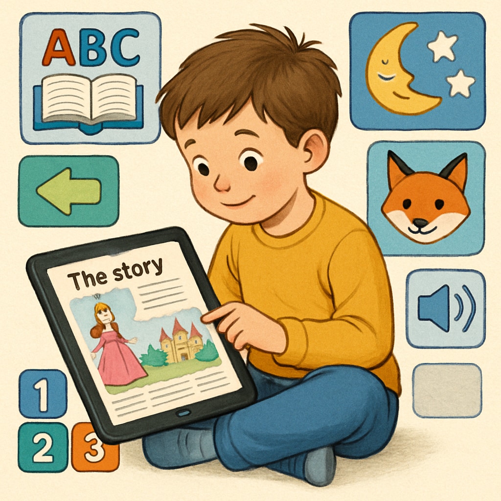 Child reading a storybook on a tablet with interactive features.