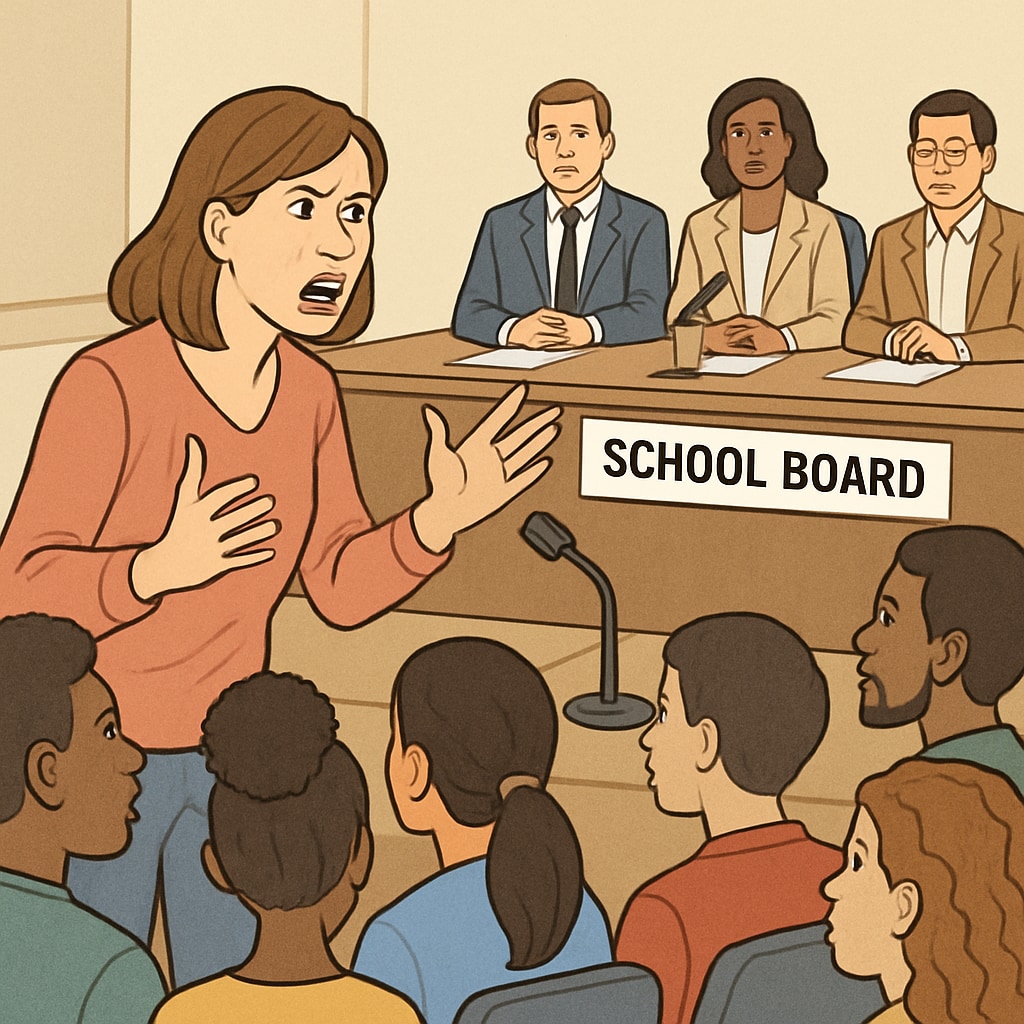 A concerned parent addressing a crowd during a school board meeting about student safety. Parent addressing school board concerns about child safety.
