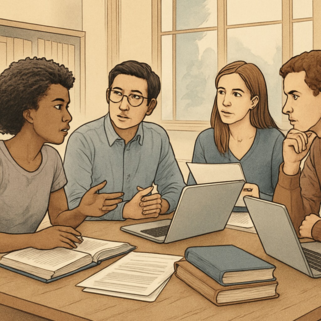 A group of diverse students discussing their graduate applications in a university setting. Students planning their U.S. master's applications, discussing application timing and feasibility strategies.