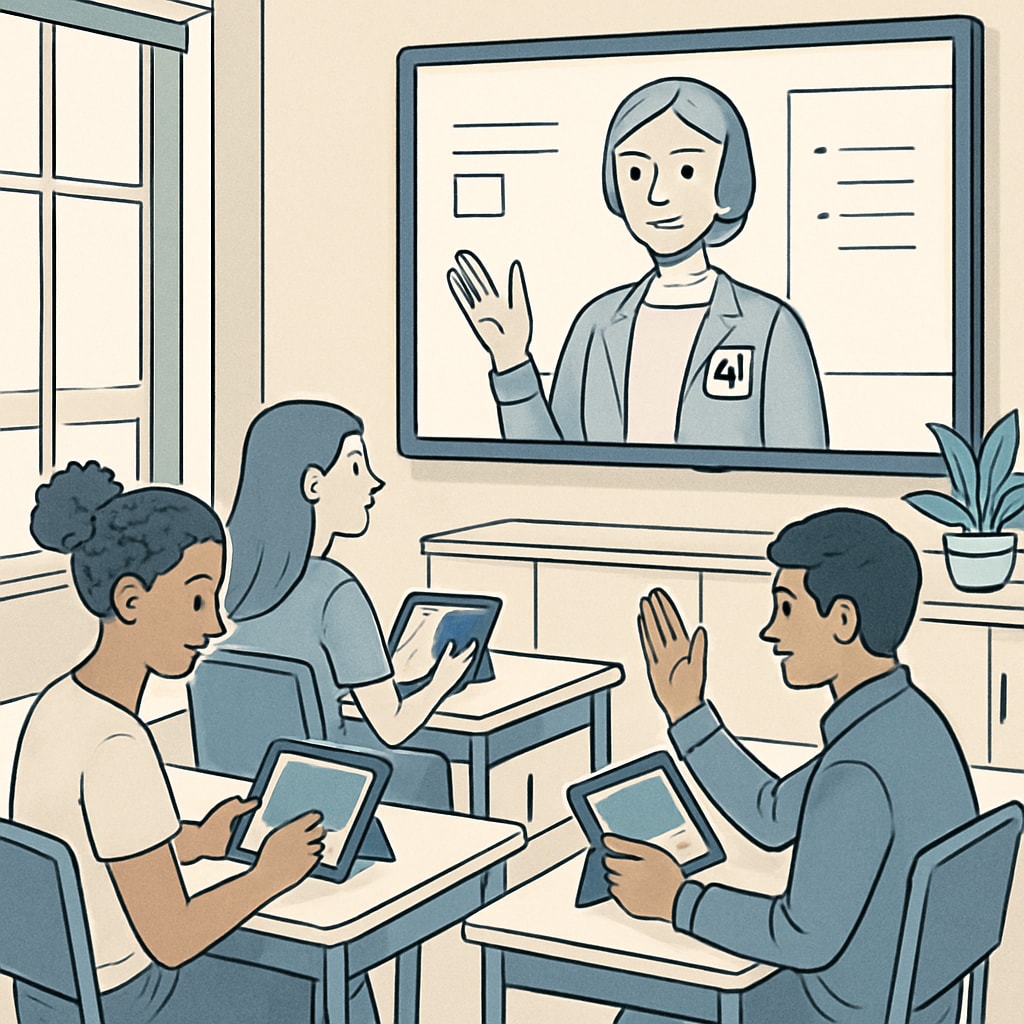 AI-powered virtual classroom with diverse students and virtual tutor