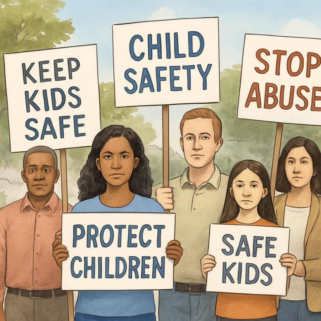 A group of community members holding signs advocating for child safety during a peaceful protest. Community members protesting for child safety in schools.