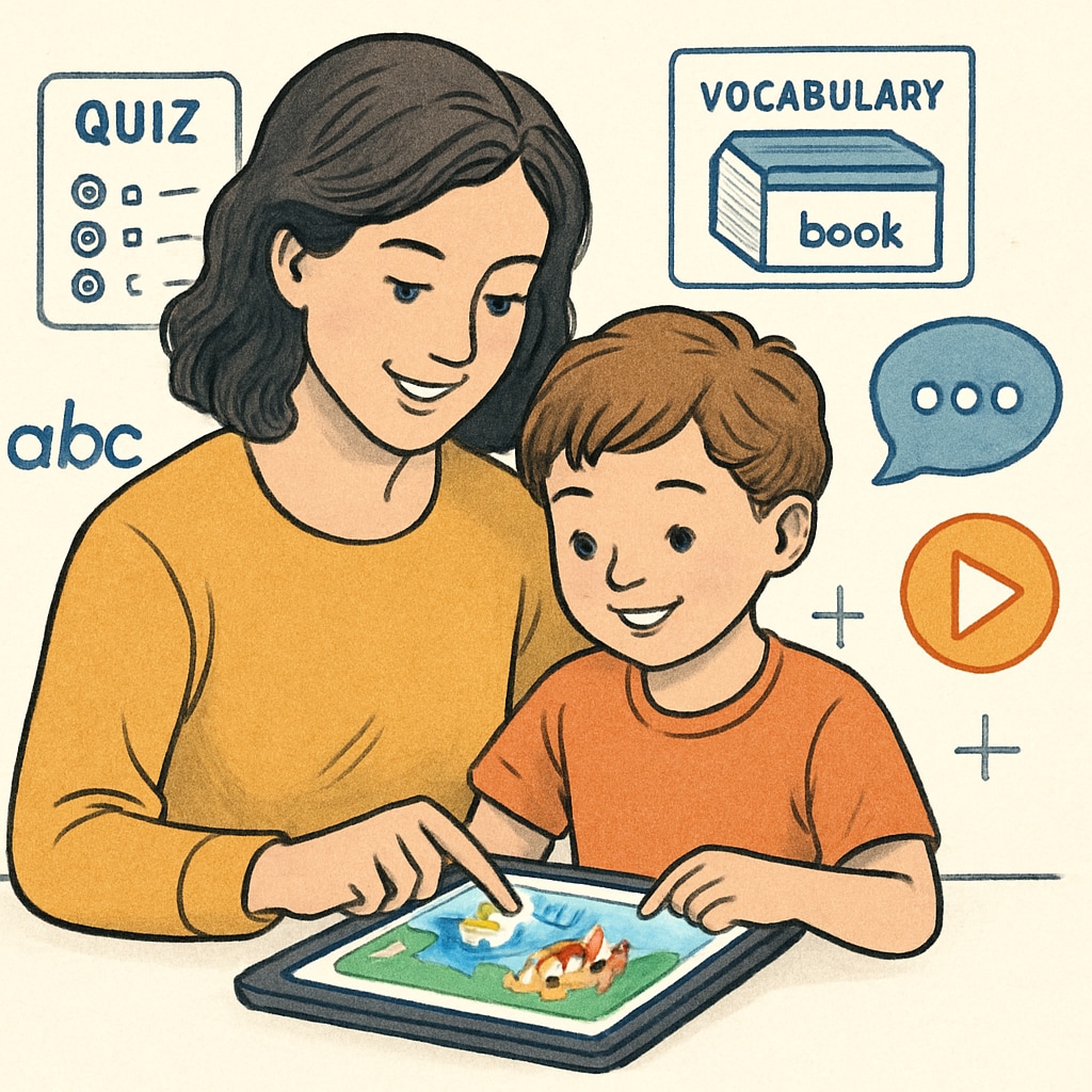 Parent and child using a storybook app with educational features visible.