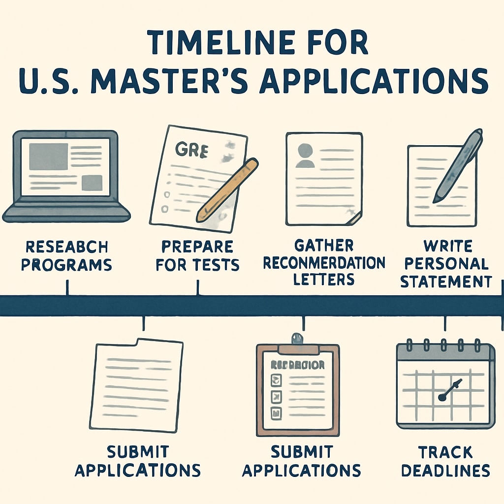 A detailed planner showing a timeline for U.S. master's applications, including key milestones. Planner outlining key deadlines and tasks for U.S. master's applications to optimize timing.