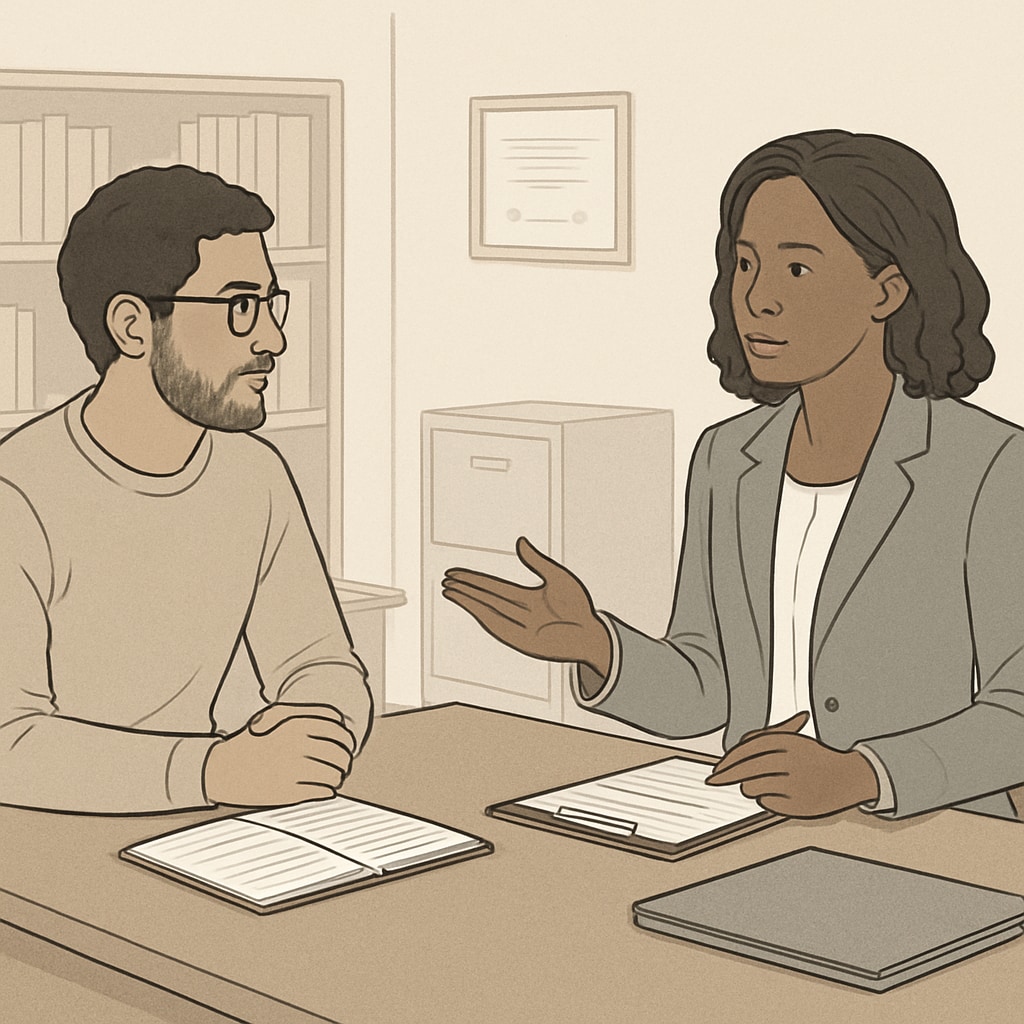 A graduate student interviewing a school counselor in a professional setting. The image depicts a professional interaction between the two, emphasizing collaboration. Graduate student interviewing a school counselor for academic research.