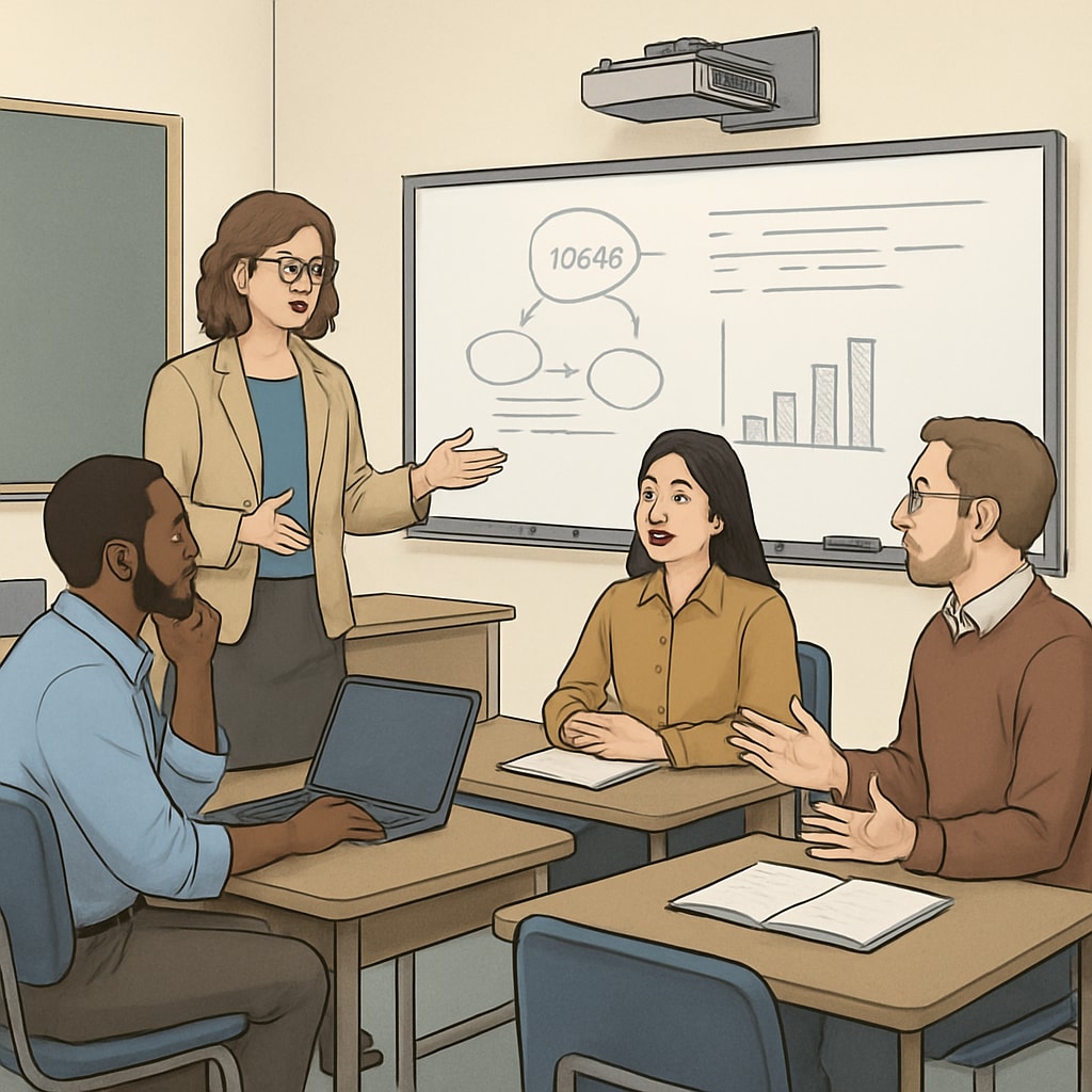 Classroom setting in a U.S. university with educators discussing innovative teaching strategies. Educators exploring teaching strategies in a U.S. university classroom.