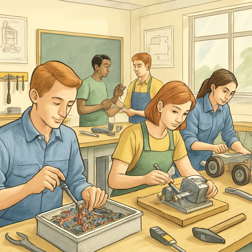 A classroom setting showcasing students working on technical projects, representing vocational education. Students engaging in vocational education projects, blending practical skills with academic learning.