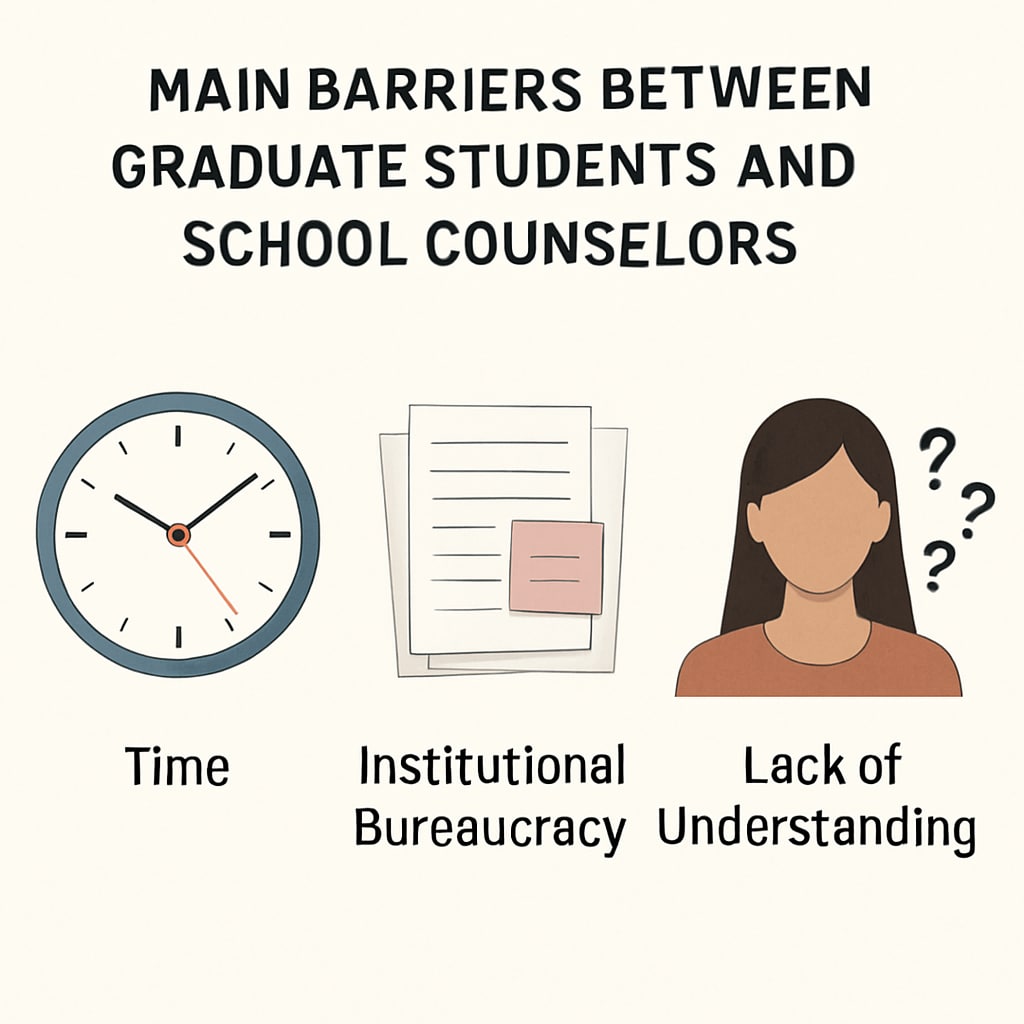 A visual chart showing the main barriers between graduate students and school counselors, including time, institutional bureaucracy, and lack of understanding. Chart illustrating barriers in graduate student-counselor interviews.
