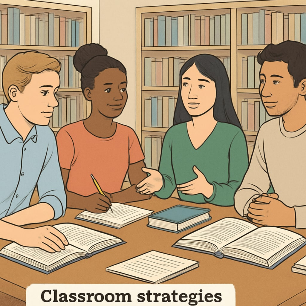 A diverse group of international students discussing classroom strategies in a library setting. International students collaborating on education projects in a library.