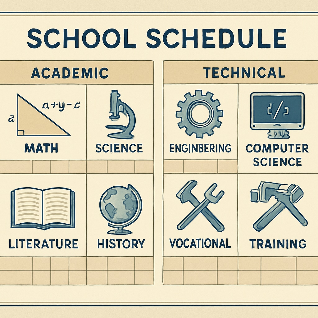 A school schedule board illustrating a balanced curriculum including both academic and technical subjects. Balanced school schedule showing integration of vocational and traditional subjects.