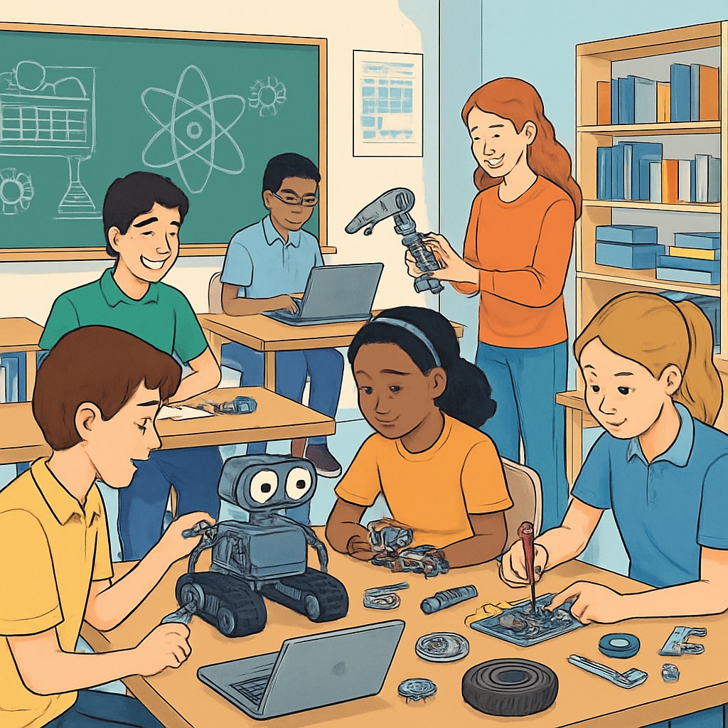 A classroom filled with students working on a robotics project, demonstrating the integration of Career and Technical Education with traditional STEM subjects. Students working on a robotics project in a classroom integrating Career and Technical Education with STEM subjects.