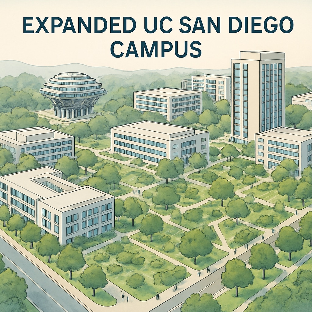 A conceptual rendering of UC San Diego’s expanded campus, showcasing new buildings and green spaces. UC San Diego enrollment expansion campus development