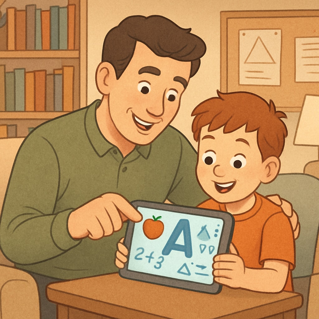 A parent and child using a tablet together, engaging with an educational app in a cozy home setting. Parent and child interacting with an Android children's reading app.