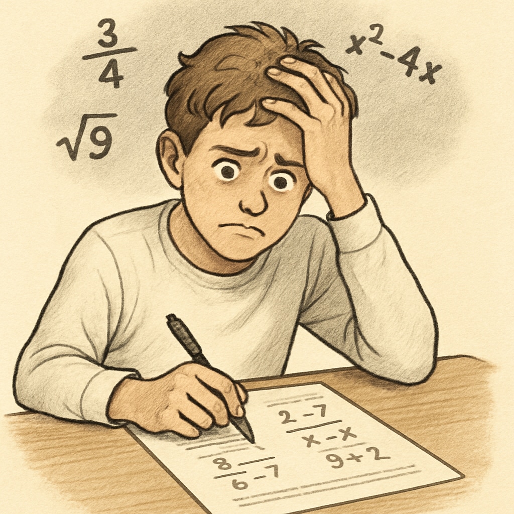 A student sitting at a desk, looking stressed while solving a math test. The image shows the emotional impact of exam anxiety. Student stressed during a math multiple-choice test